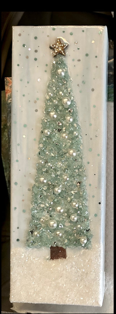 Aqua Green Blue Resin Coated 4x12" Christmas Tree Wall Hanging, Crushed Glass & Tiny Ornaments Bling Mantle Art, Stretched Linen Canvas