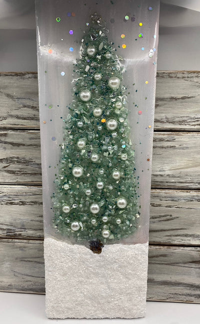 Aqua Green Blue Resin Coated 4x12" Christmas Tree Wall Hanging, Crushed Glass & Tiny Ornaments Bling Mantle Art, Stretched Linen Canvas