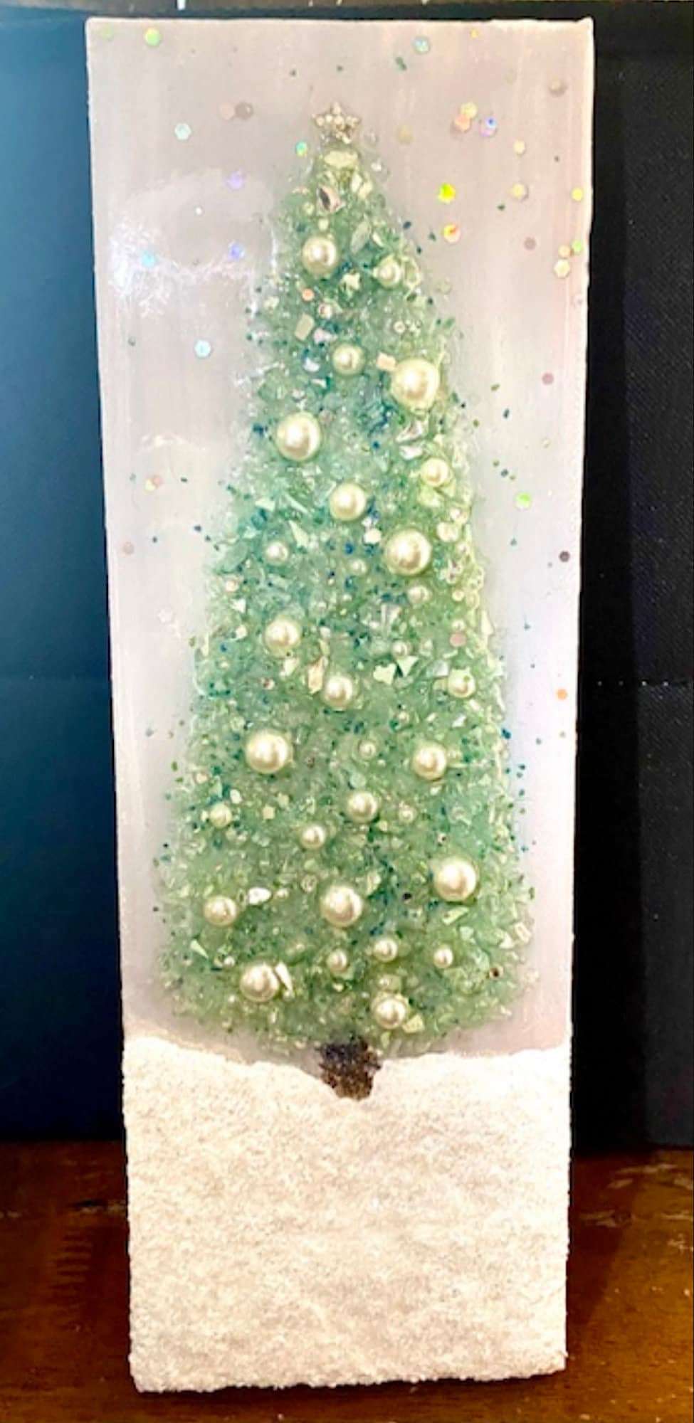 Aqua Green Blue Resin Coated 4x12" Christmas Tree Wall Hanging, Crushed Glass & Tiny Ornaments Bling Mantle Art, Stretched Linen Canvas