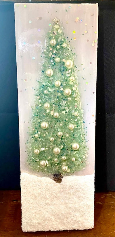 Aqua Green Blue Resin Coated 4x12" Christmas Tree Wall Hanging, Crushed Glass & Tiny Ornaments Bling Mantle Art, Stretched Linen Canvas