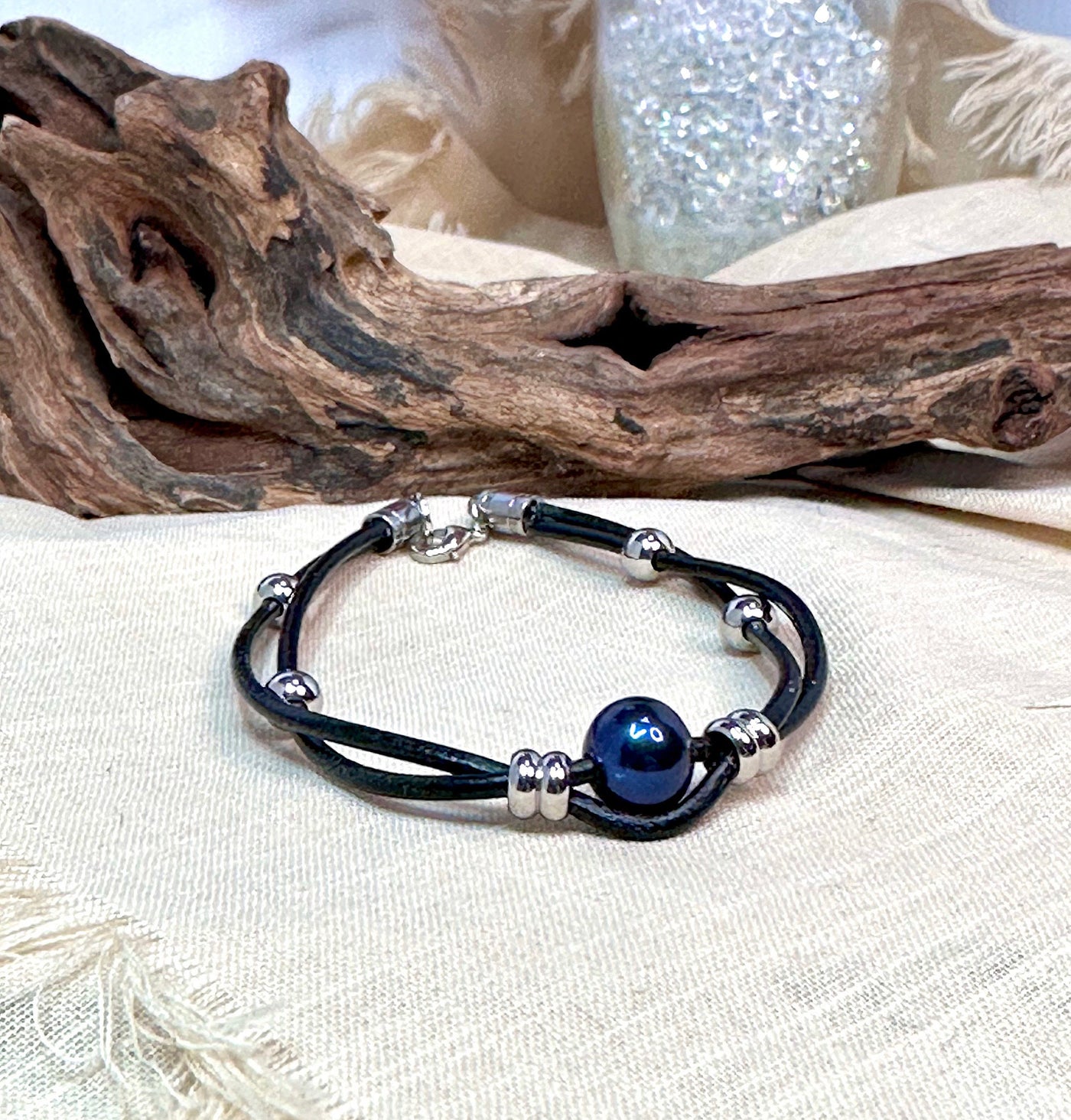 Black Freshwater Pearl, Leather and Stainless Steel Bracelet-Unisex Jewelry-Large Black Blue Pearl-For Him-For Her-For Them-Modern Trendy