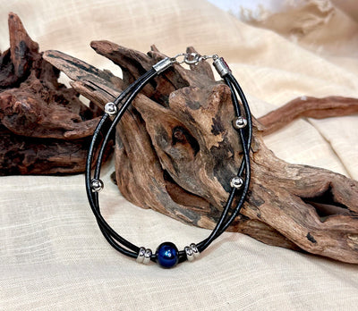 Black Freshwater Pearl, Leather and Stainless Steel Bracelet-Unisex Jewelry-Large Black Blue Pearl-For Him-For Her-For Them-Modern Trendy