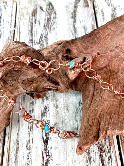 Genuine Copper and Turquoise Beaded Bracelet or Anklet-Messy Wire Wrapped-Solid Copper-Boho Chic Jewelry-Handmade-Gift for Him Her