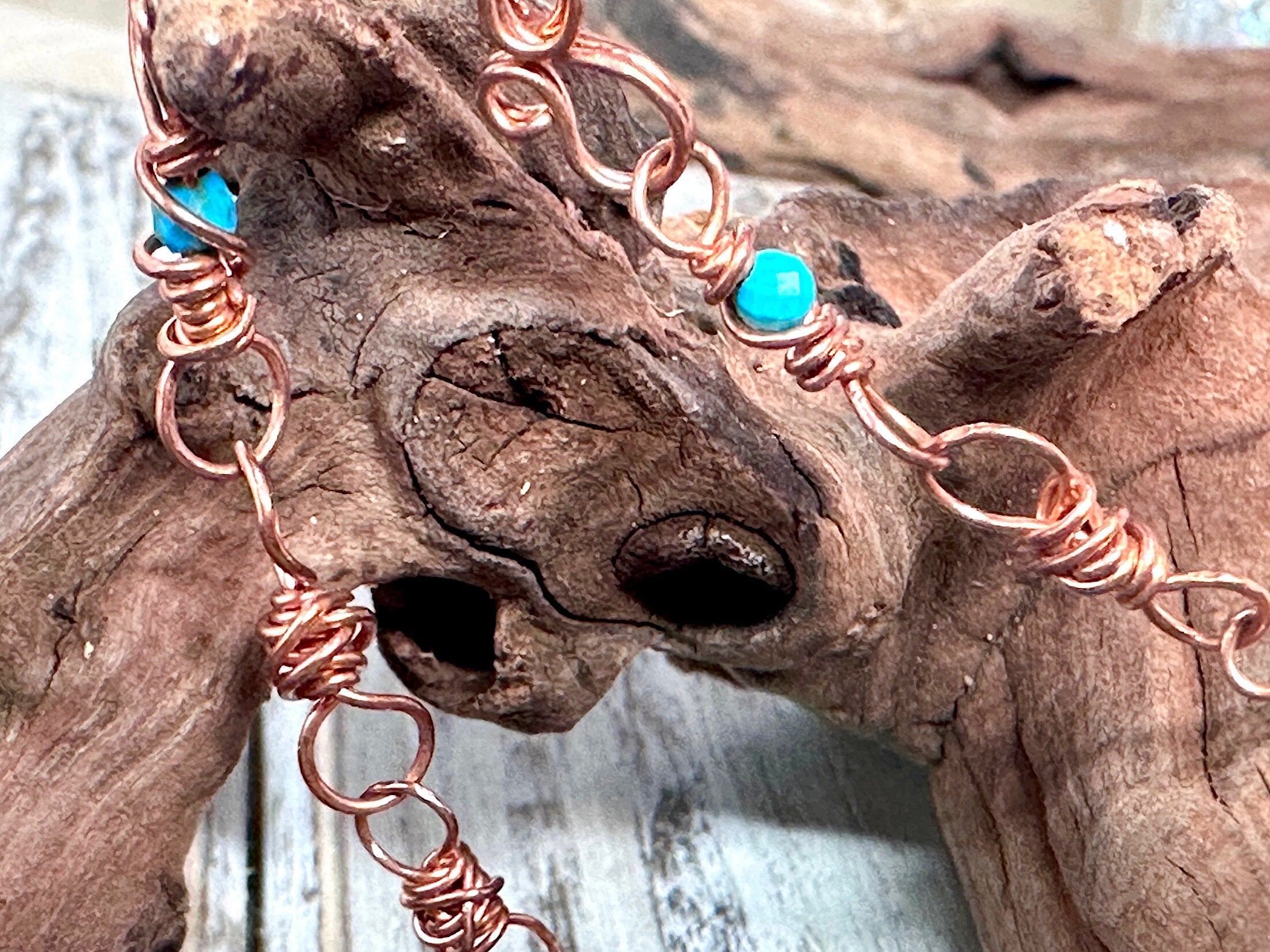 Genuine Copper and Turquoise Beaded Bracelet or Anklet-Messy Wire Wrapped-Solid Copper-Boho Chic Jewelry-Handmade-Gift for Him Her