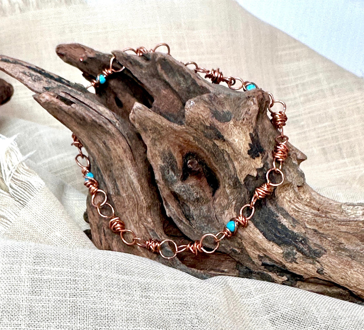 Genuine Copper and Turquoise Beaded Bracelet or Anklet-Messy Wire Wrapped-Solid Copper-Boho Chic Jewelry-Handmade-Gift for Him Her