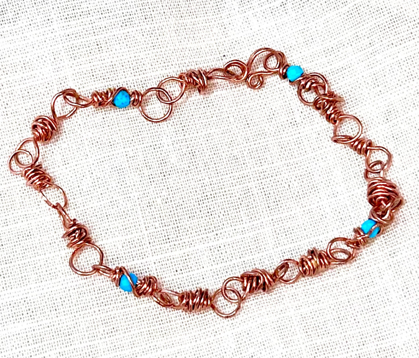 Genuine Copper and Turquoise Beaded Bracelet or Anklet-Messy Wire Wrapped-Solid Copper-Boho Chic Jewelry-Handmade-Gift for Him Her