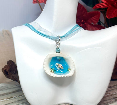 White Seashell Necklace-Resin Beach Scene Seashell Ornament-Ocean Car Charm-Coastal Jewelry-For Her For Him For Them