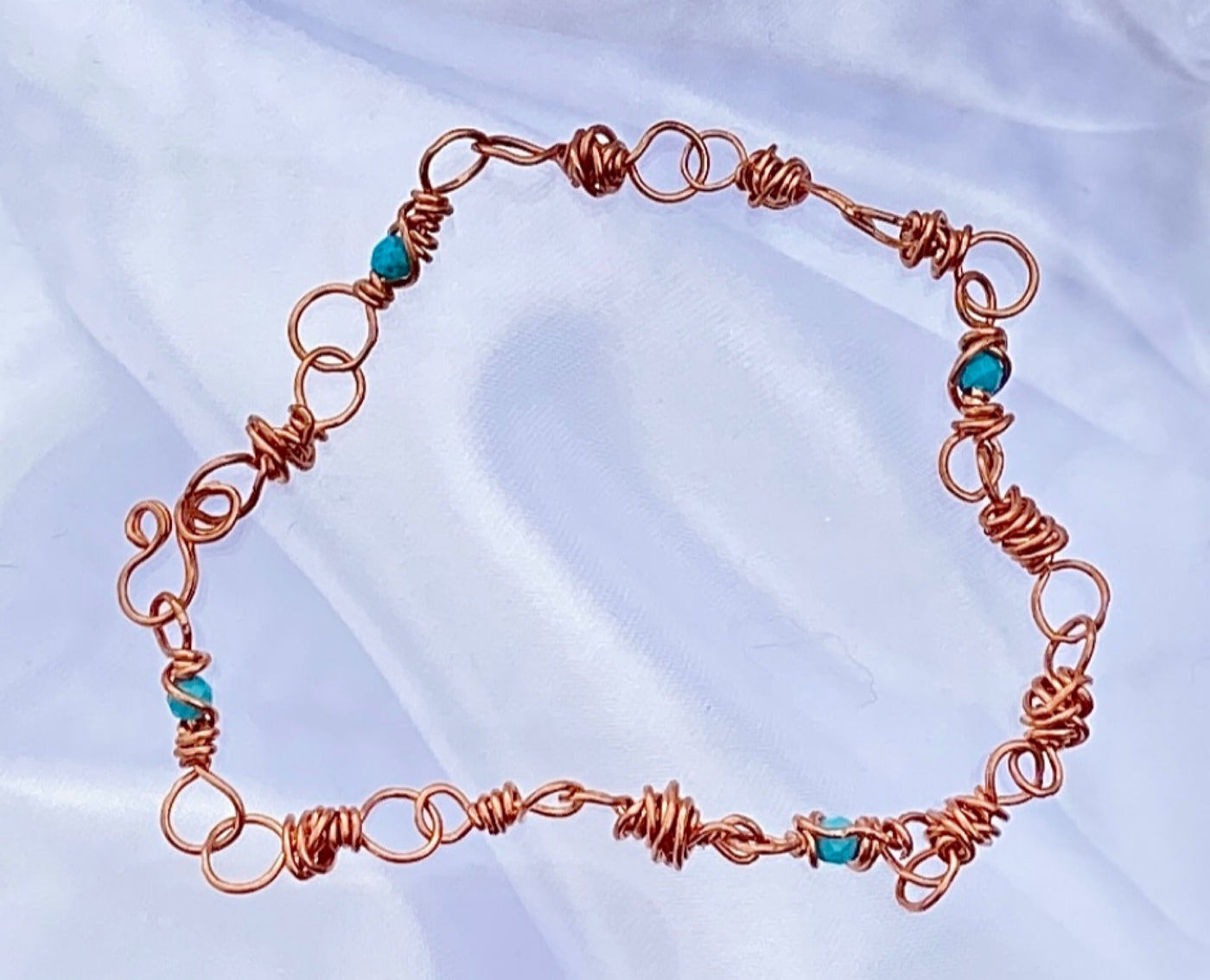 Genuine Copper and Turquoise Beaded Bracelet or Anklet-Messy Wire Wrapped-Solid Copper-Boho Chic Jewelry-Handmade-Gift for Him Her