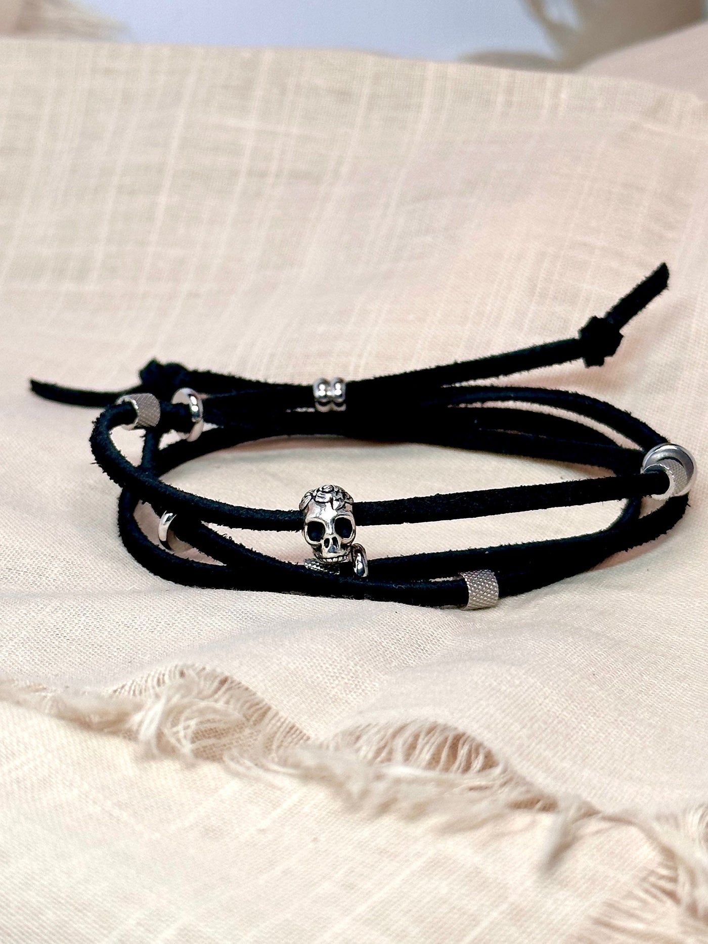 Adjustable Leather and Stainless Steel Triple Wrap Bracelet-24” Necklace-Black Leather with Silver Skull Bead-Multiple Stainless Beads