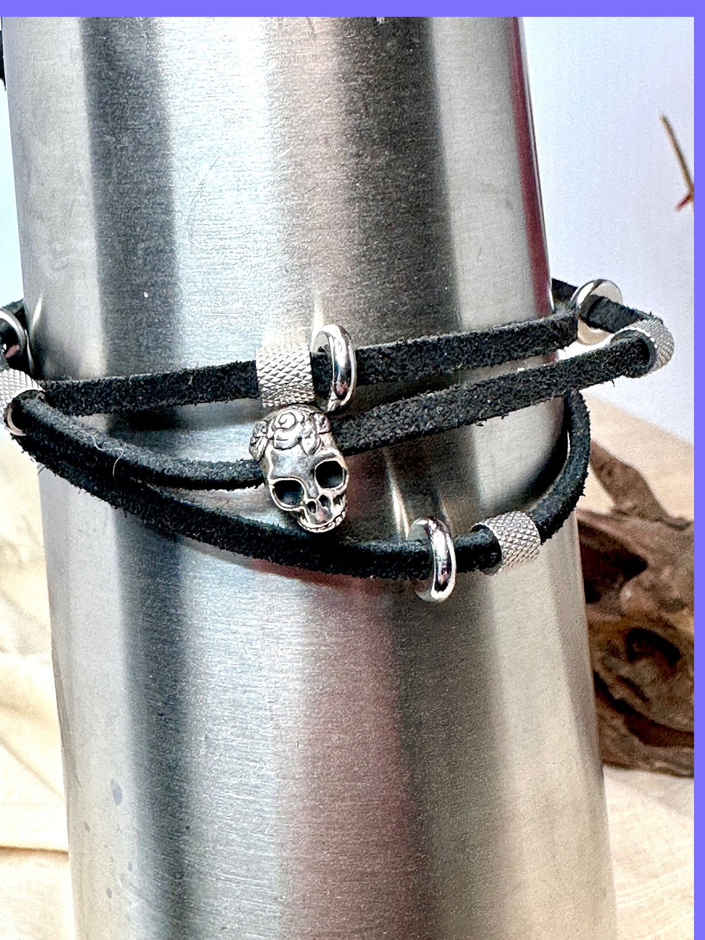 Adjustable Leather and Stainless Steel Triple Wrap Bracelet-24” Necklace-Black Leather with Silver Skull Bead-Multiple Stainless Beads