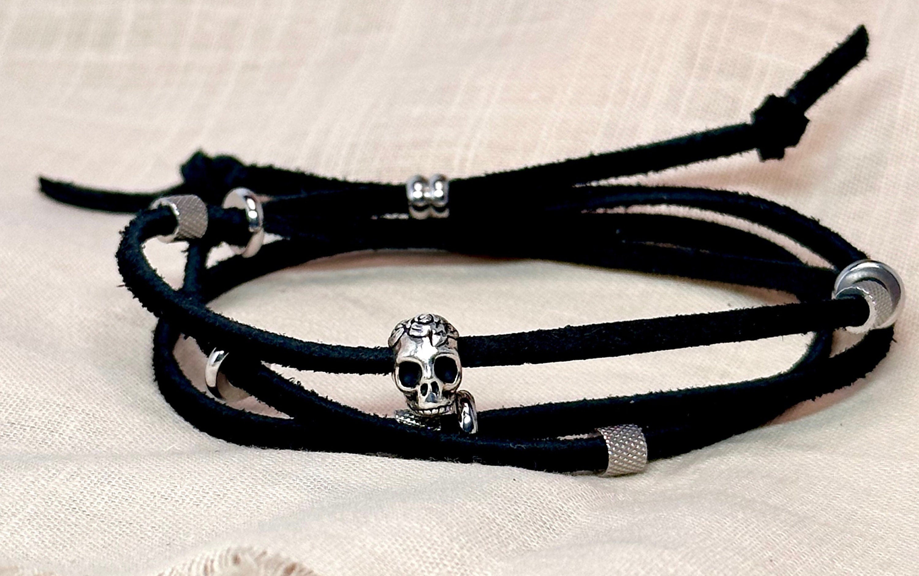 Adjustable Leather and Stainless Steel Triple Wrap Bracelet-24” Necklace-Black Leather with Silver Skull Bead-Multiple Stainless Beads