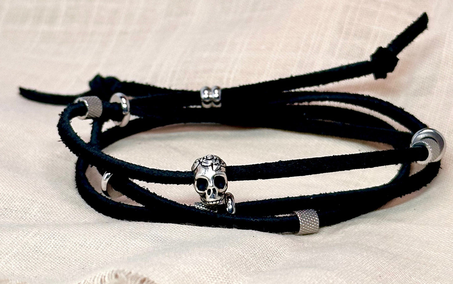 Adjustable Leather and Stainless Steel Triple Wrap Bracelet-24” Necklace-Black Leather with Silver Skull Bead-Multiple Stainless Beads