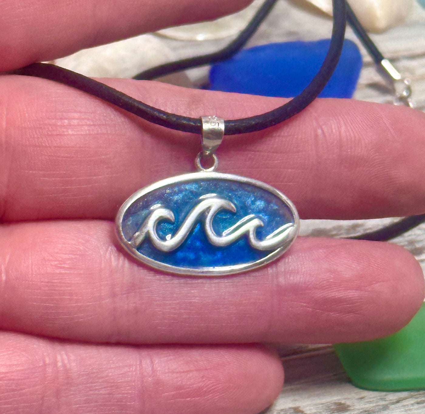 Beach Wave Pendant .925 Sterling Silver Necklace-Oval Ocean Blue Wave Charm-Unisex Coastal Jewelry-Made in the USA-Great Father’s Day Gift