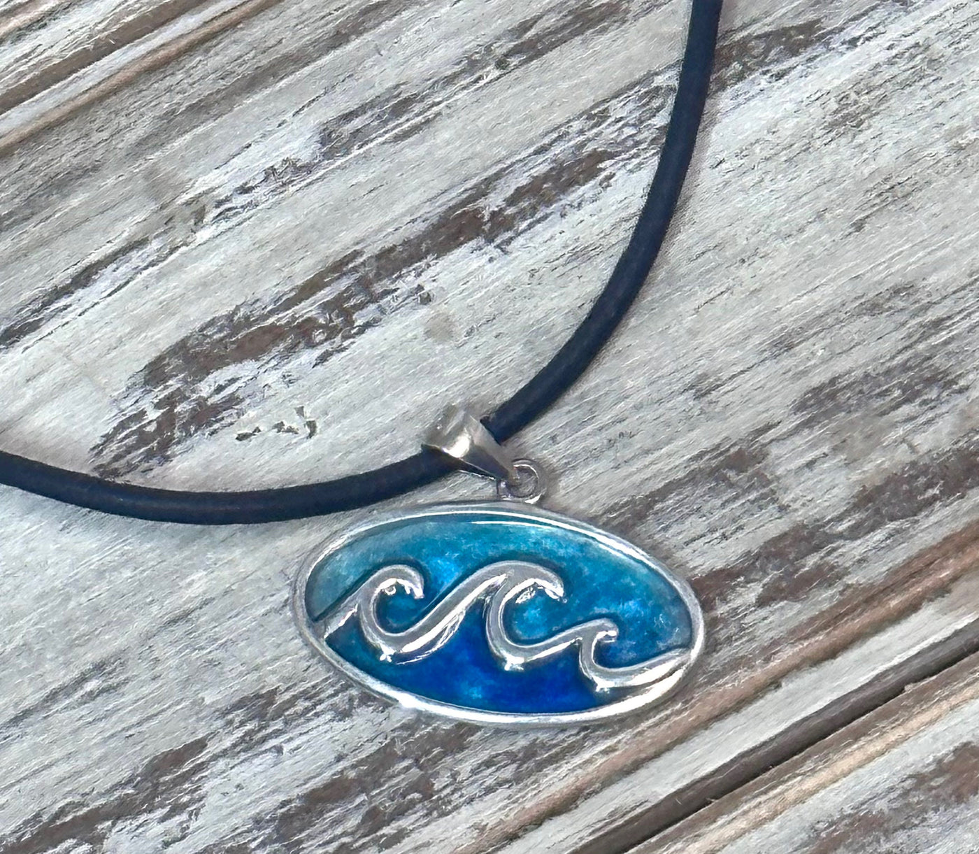 Beach Wave Pendant .925 Sterling Silver Necklace-Oval Ocean Blue Wave Charm-Unisex Coastal Jewelry-Made in the USA-Great Father’s Day Gift