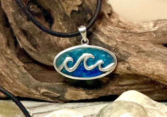 Beach Wave Pendant .925 Sterling Silver Necklace-Oval Ocean Blue Wave Charm-Unisex Coastal Jewelry-Made in the USA-Great Father’s Day Gift