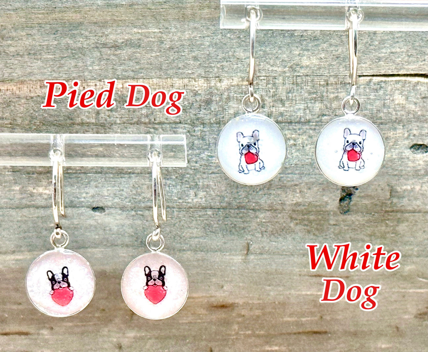 Adorable 10.5mm Sterling Silver French Bulldog Earrings-White/Red Heart Resin Frenchie-.925 Valentine’s Frenchie-2 Styles-Dog Breed Jewelry