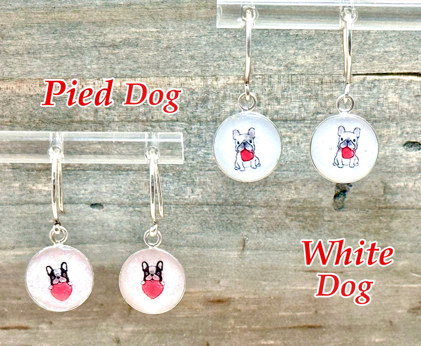 Adorable 10.5mm Sterling Silver French Bulldog Earrings-White/Red Heart Resin Frenchie-.925 Valentine’s Frenchie-2 Styles-Dog Breed Jewelry