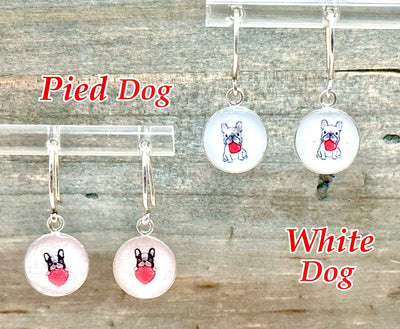 Adorable 10.5mm Sterling Silver French Bulldog Earrings-White/Red Heart Resin Frenchie-.925 Valentine’s Frenchie-2 Styles-Dog Breed Jewelry