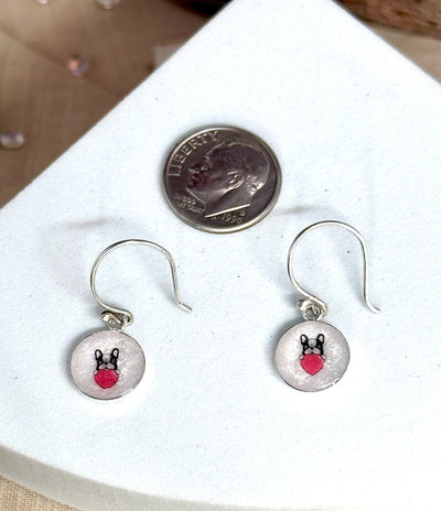 Adorable 10.5mm Sterling Silver French Bulldog Earrings-White/Red Heart Resin Frenchie-.925 Valentine’s Frenchie-2 Styles-Dog Breed Jewelry