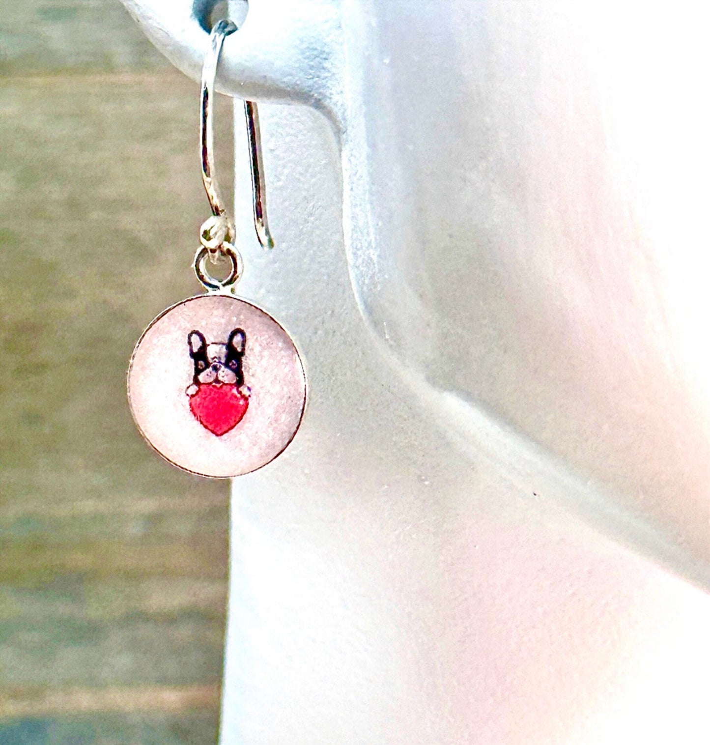 Adorable 10.5mm Sterling Silver French Bulldog Earrings-White/Red Heart Resin Frenchie-.925 Valentine’s Frenchie-2 Styles-Dog Breed Jewelry