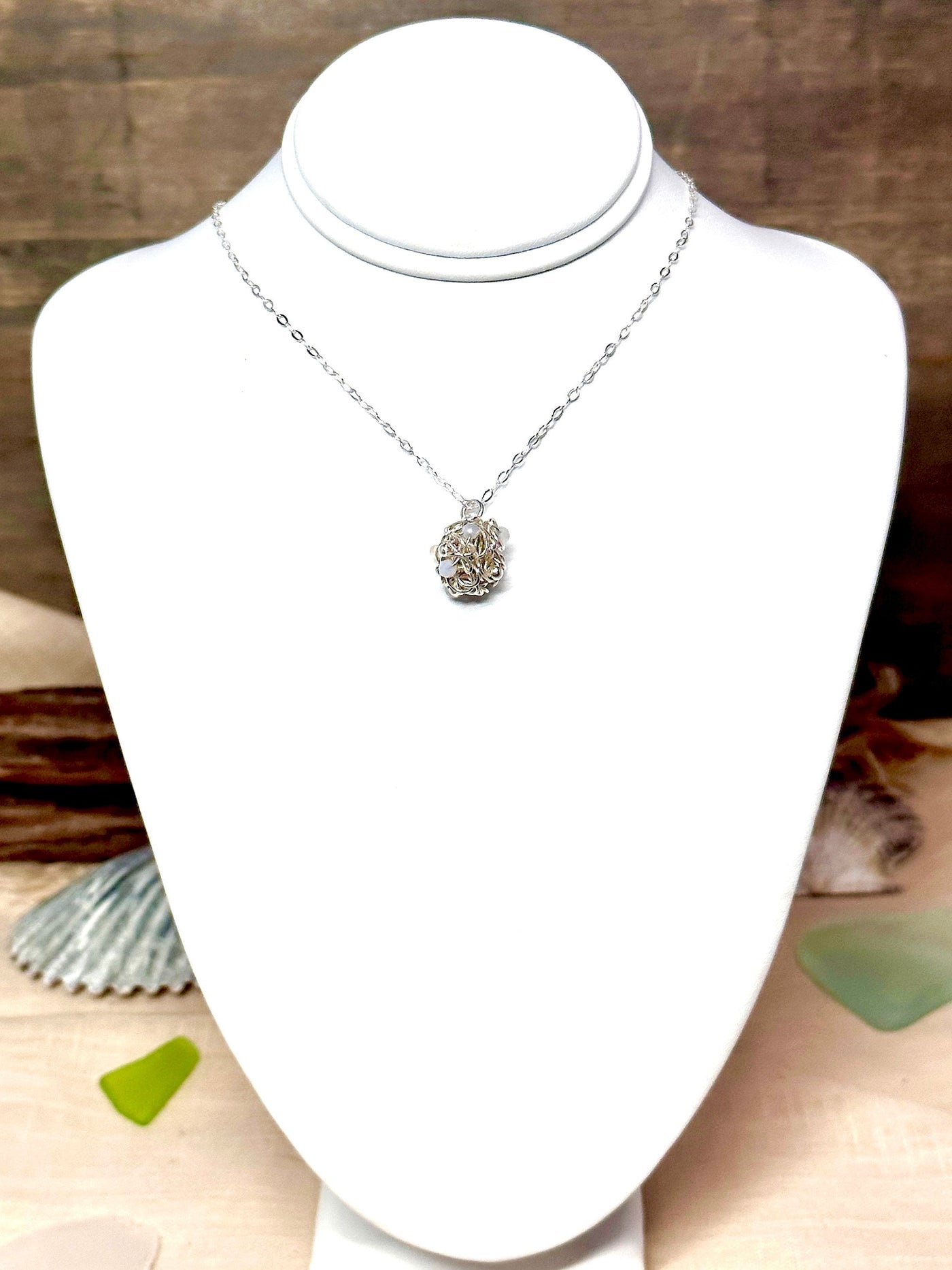 Argentium Silver Sterling Silver Twisted Coiled Wire Ball with Moonstone & Ethiopian Opal Bead Pendant Necklace-For Her-Handmade in the USA