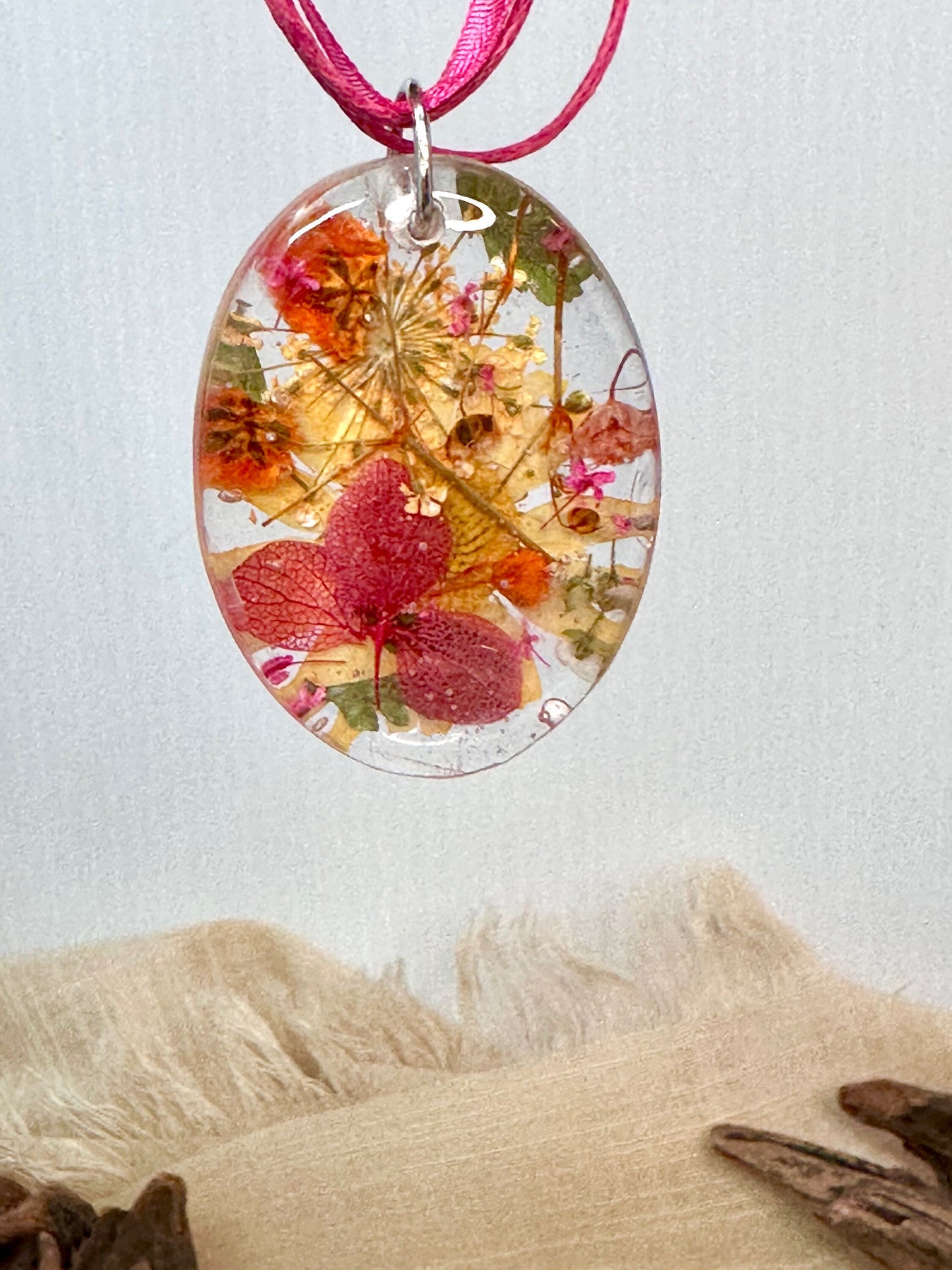 Pink, Orange & Gold Oval Mixed Flower Resin Pendant Necklace-16” Organza and Cotton Cord Chain w/Extender-Oval Crystal Clear Resin Pendant