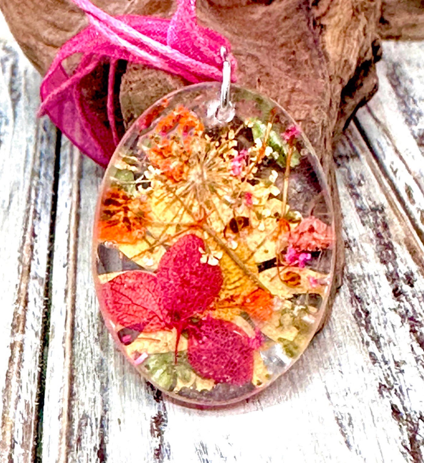 Pink, Orange & Gold Oval Mixed Flower Resin Pendant Necklace-16” Organza and Cotton Cord Chain w/Extender-Oval Crystal Clear Resin Pendant