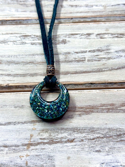 Boho Gypsy Hoop Pendant-Shimmering Ocean Blue/Green Crushed Glass Focal Pendant-Copper Accents-Genuine Suede Leather Cord w/Hook Closure