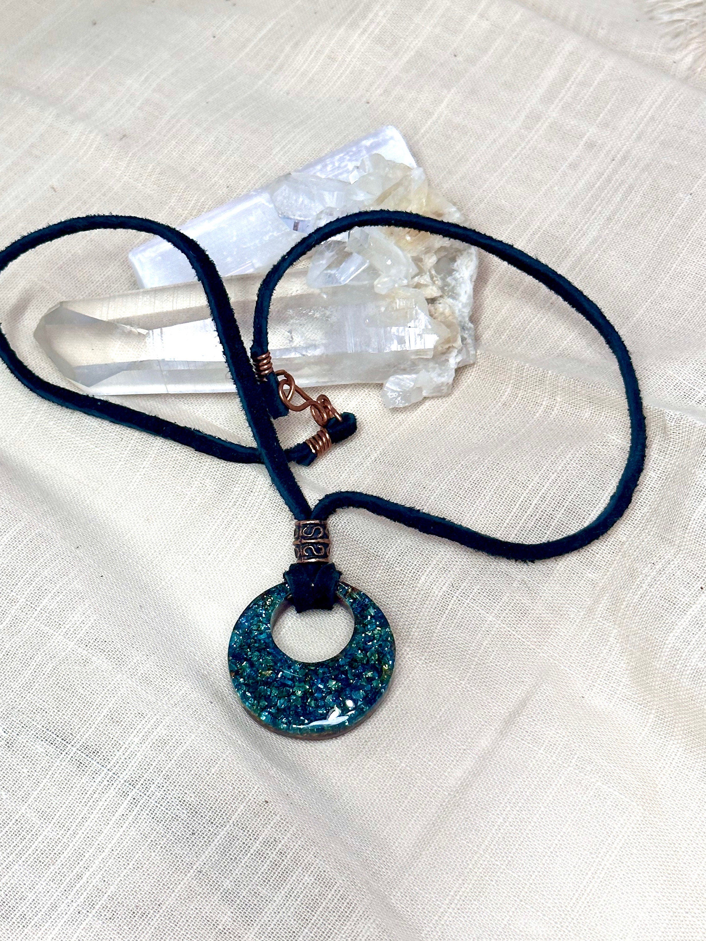 Boho Gypsy Hoop Pendant-Shimmering Ocean Blue/Green Crushed Glass Focal Pendant-Copper Accents-Genuine Suede Leather Cord w/Hook Closure