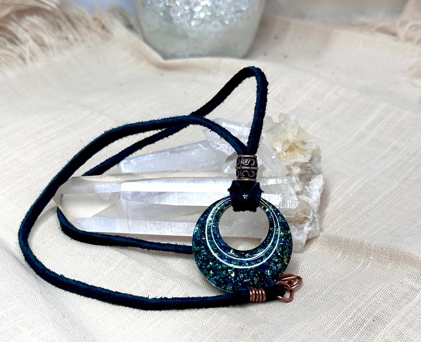 Boho Gypsy Hoop Pendant-Shimmering Ocean Blue/Green Crushed Glass Focal Pendant-Copper Accents-Genuine Suede Leather Cord w/Hook Closure