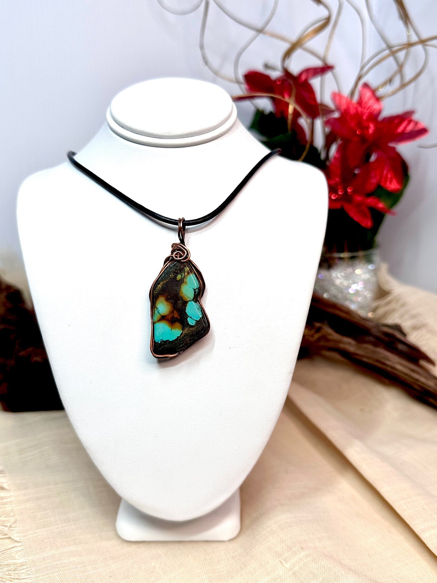 Beautiful Freeform Turquoise Slice & Solid Copper Wire Framed Necklace-Adjustable Length Black Leather Cord-Perfect Valentines Gift-Unisex