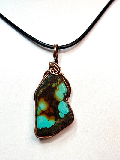 Beautiful Freeform Turquoise Slice & Solid Copper Wire Framed Necklace-Adjustable Length Black Leather Cord-Perfect Valentines Gift-Unisex