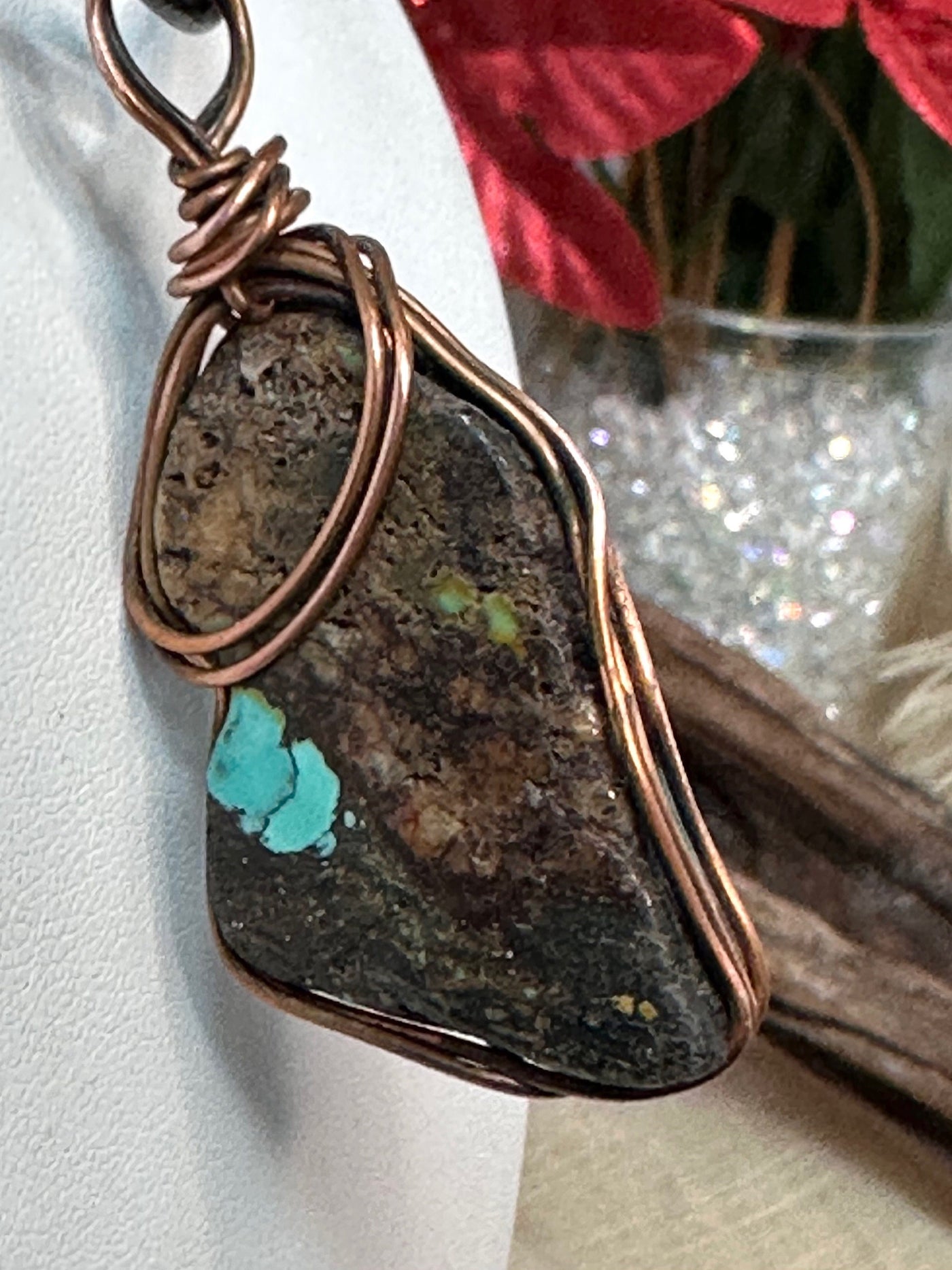 Beautiful Freeform Turquoise Slice & Solid Copper Wire Framed Necklace-Adjustable Length Black Leather Cord-Perfect Valentines Gift-Unisex