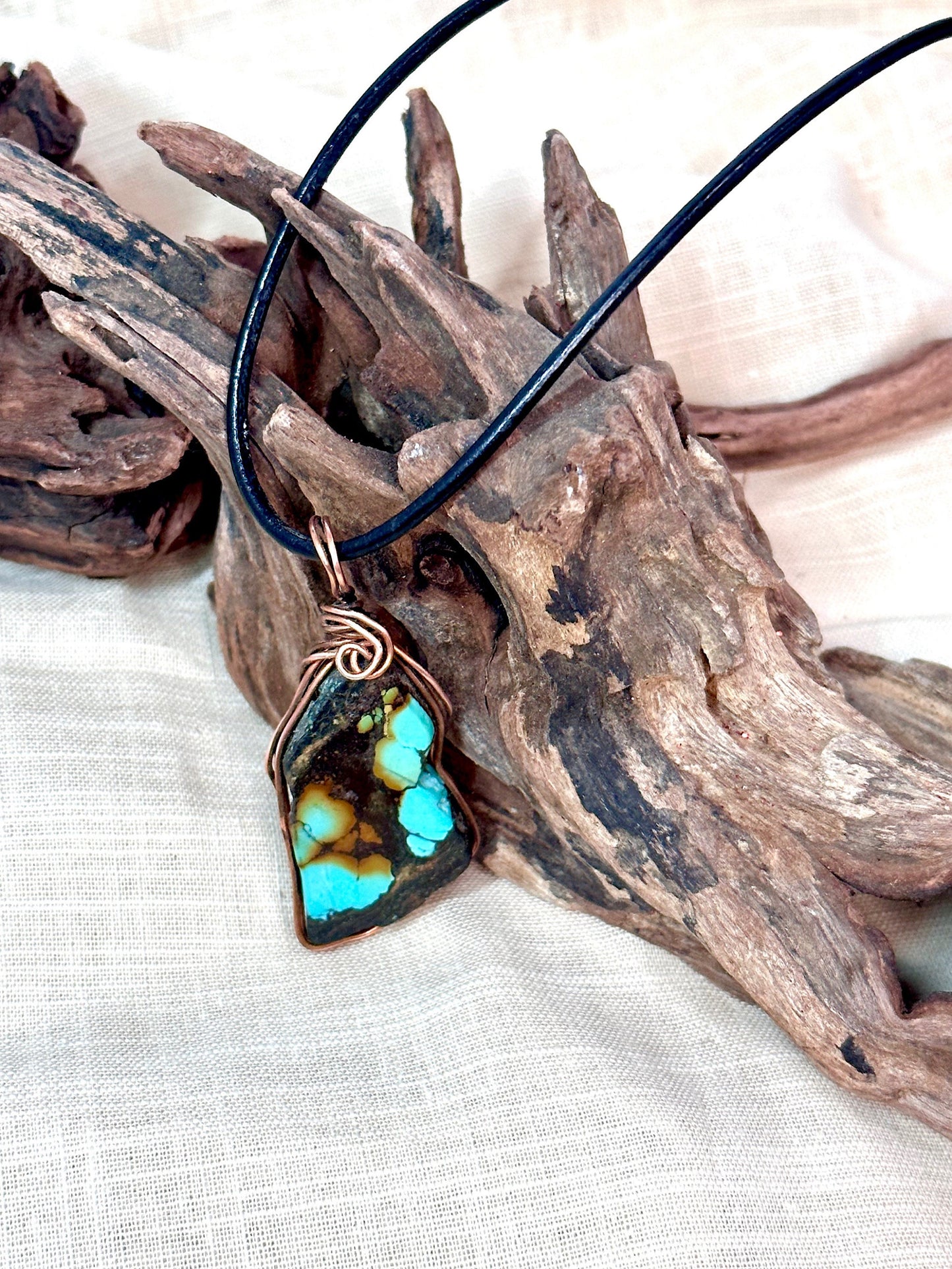 Beautiful Freeform Turquoise Slice & Solid Copper Wire Framed Necklace-Adjustable Length Black Leather Cord-Perfect Valentines Gift-Unisex