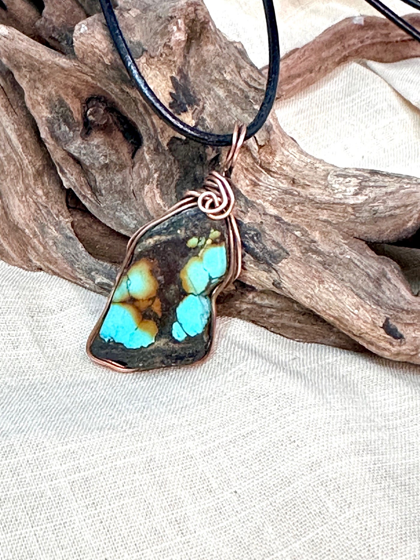 Beautiful Freeform Turquoise Slice & Solid Copper Wire Framed Necklace-Adjustable Length Black Leather Cord-Perfect Valentines Gift-Unisex