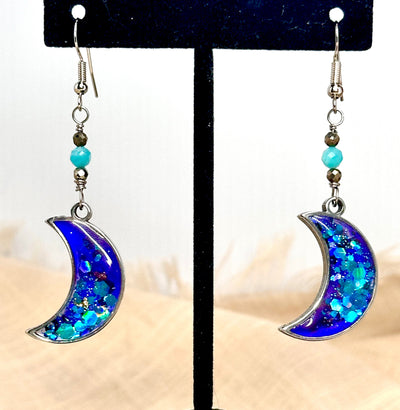 Vibrant Shades of Blue & Purple Stainless Steel Moon Earrings-Accents of Pyrite and Peruvian Amazonite Beads-Handmade in the USA