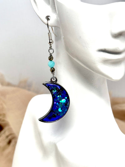 Vibrant Shades of Blue & Purple Stainless Steel Moon Earrings-Accents of Pyrite and Peruvian Amazonite Beads-Handmade in the USA