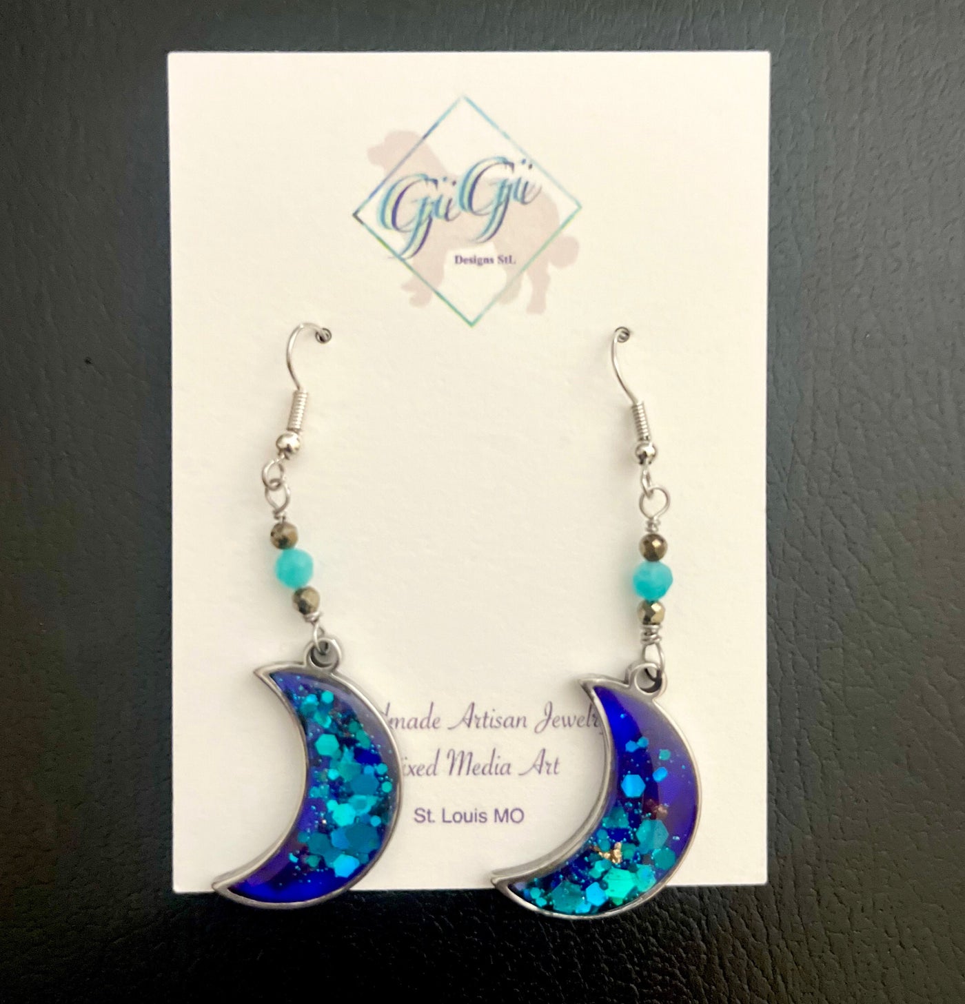 Vibrant Shades of Blue & Purple Stainless Steel Moon Earrings-Accents of Pyrite and Peruvian Amazonite Beads-Handmade in the USA