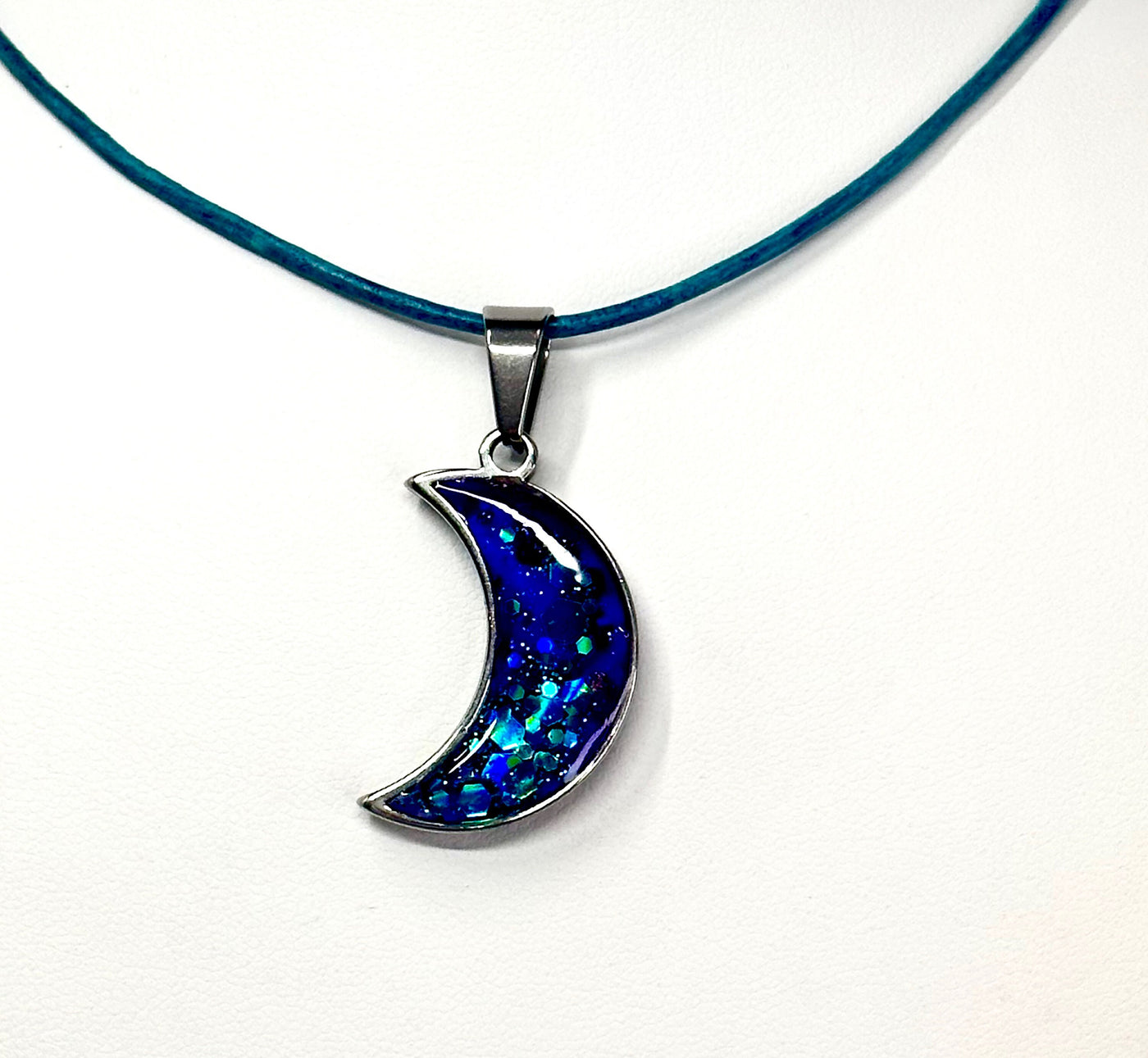 Vibrant Blues & Purple Stainless Steel Moon Necklace-Perfect Elegant Gift for Her-Valentines-Stunning Sparkle-Handmade in the USA