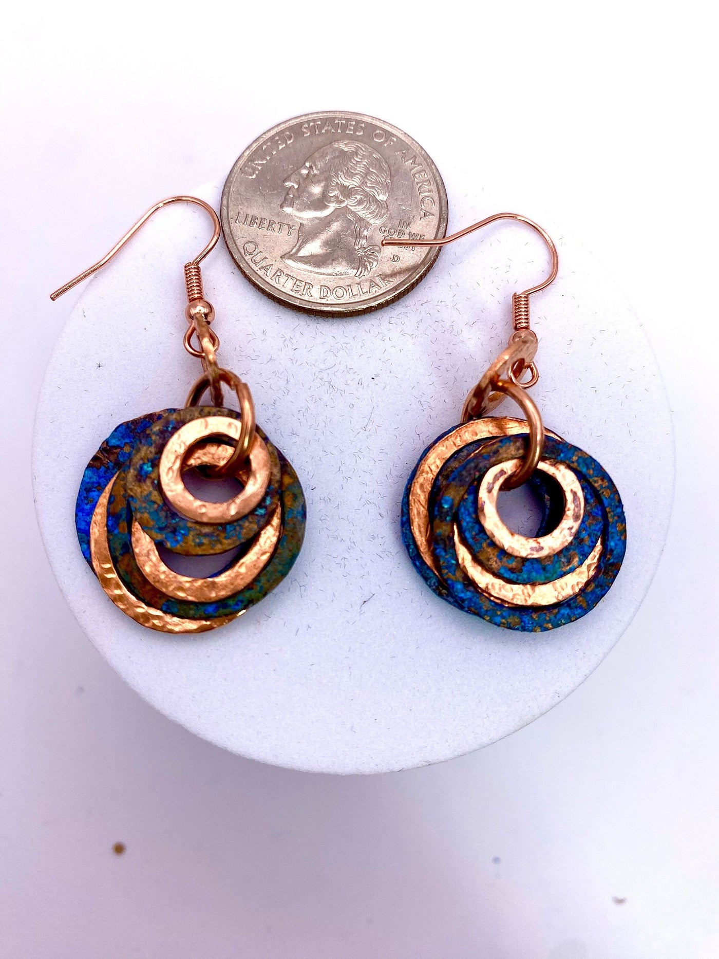 Deep Blue Patina Raw Solid Copper Earrings, Ear Dangles, Minimalist BoHo, Artisan Washer Jewelry, Recycled, For Her, Handmade in the USA