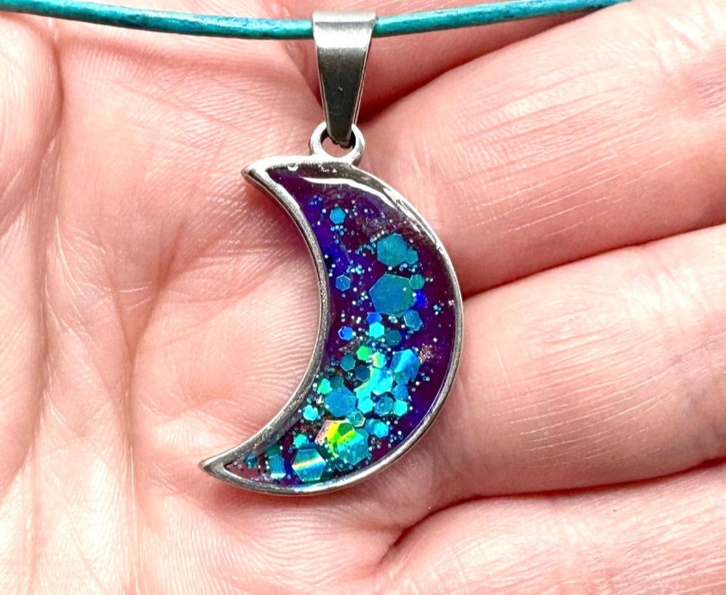 Vibrant Blues & Purple Stainless Steel Moon Necklace-Perfect Elegant Gift for Her-Valentines-Stunning Sparkle-Handmade in the USA