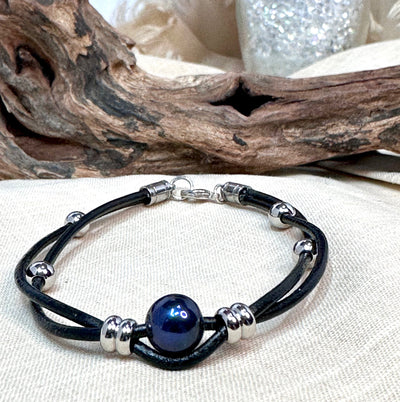 Black Freshwater Pearl, Leather and Stainless Steel Bracelet-Unisex Jewelry-Large Black Blue Pearl-For Him-For Her-For Them-Modern Trendy