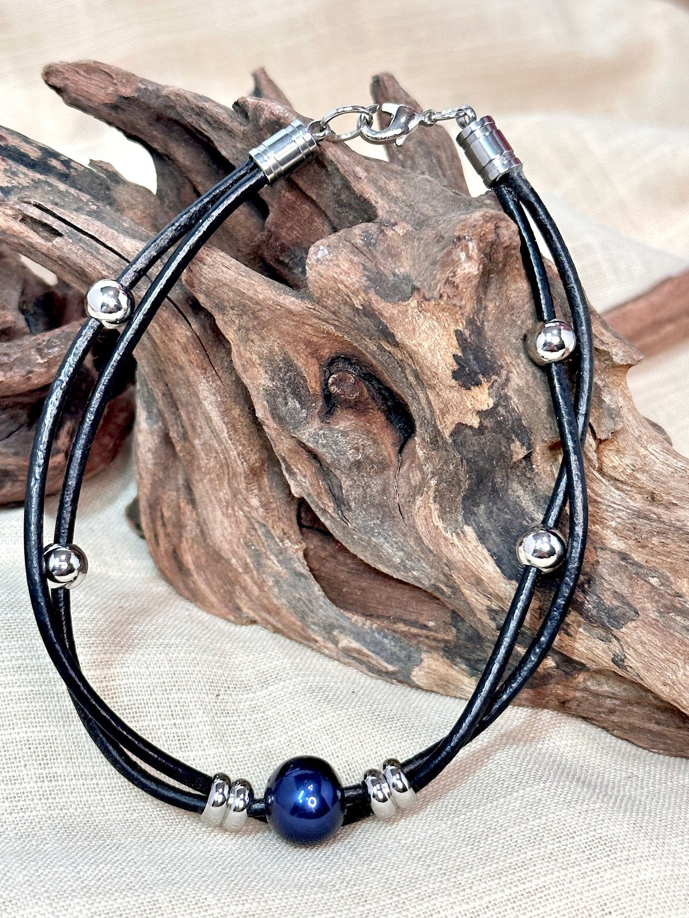 Black Freshwater Pearl, Leather and Stainless Steel Bracelet-Unisex Jewelry-Large Black Blue Pearl-For Him-For Her-For Them-Modern Trendy