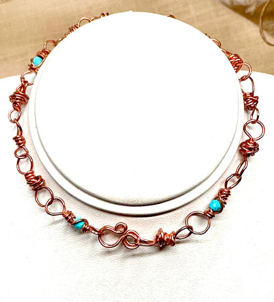 Genuine Copper and Turquoise Beaded Bracelet or Anklet-Messy Wire Wrapped-Solid Copper-Boho Chic Jewelry-Handmade-Gift for Him Her