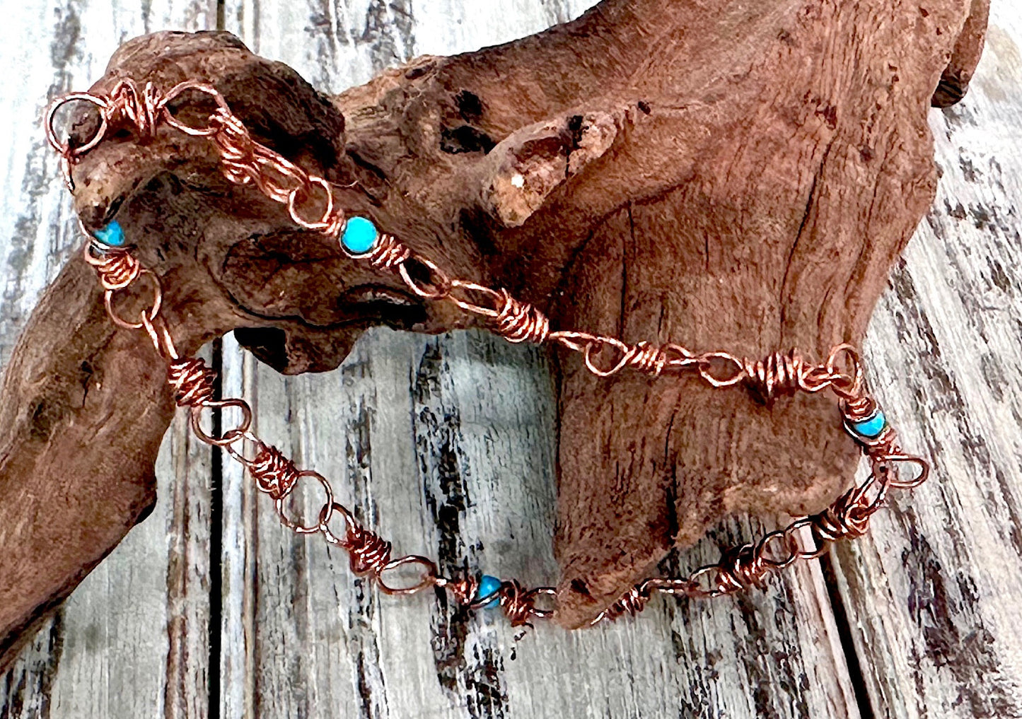 Genuine Copper and Turquoise Beaded Bracelet or Anklet-Messy Wire Wrapped-Solid Copper-Boho Chic Jewelry-Handmade-Gift for Him Her