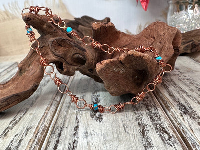 Genuine Copper and Turquoise Beaded Bracelet or Anklet-Messy Wire Wrapped-Solid Copper-Boho Chic Jewelry-Handmade-Gift for Him Her