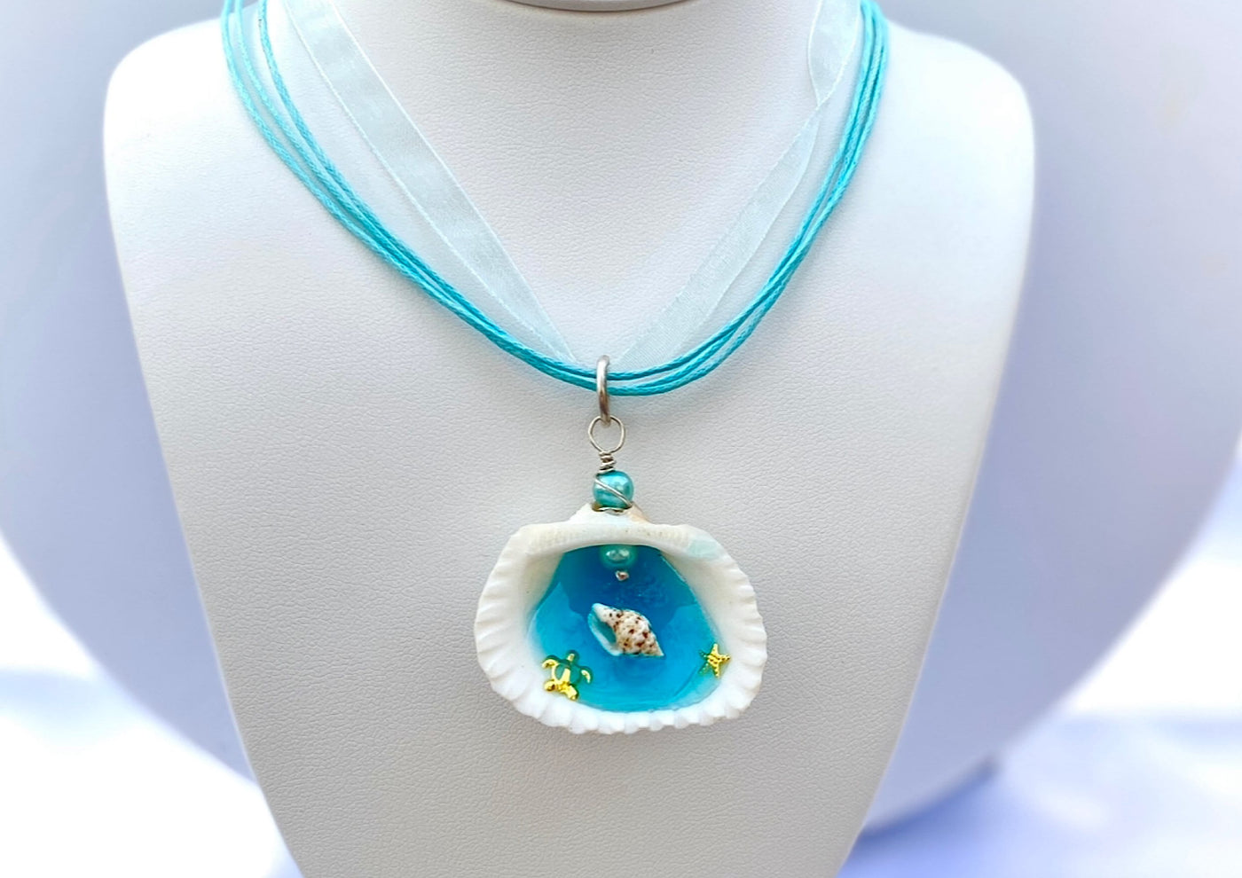 White Seashell Necklace-Resin Beach Scene Seashell Ornament-Ocean Car Charm-Coastal Jewelry-For Her For Him For Them