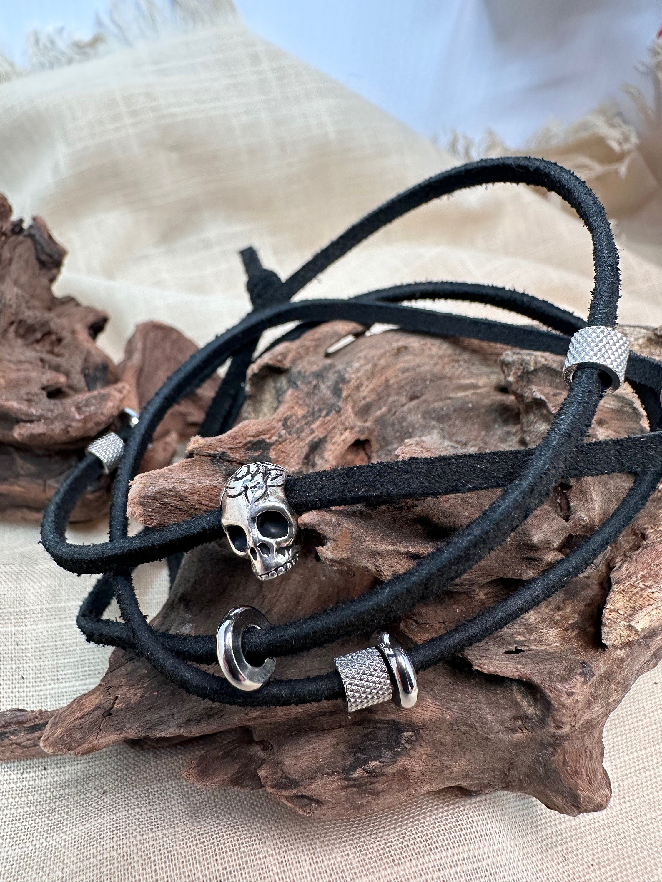 Adjustable Leather and Stainless Steel Triple Wrap Bracelet-24” Necklace-Black Leather with Silver Skull Bead-Multiple Stainless Beads