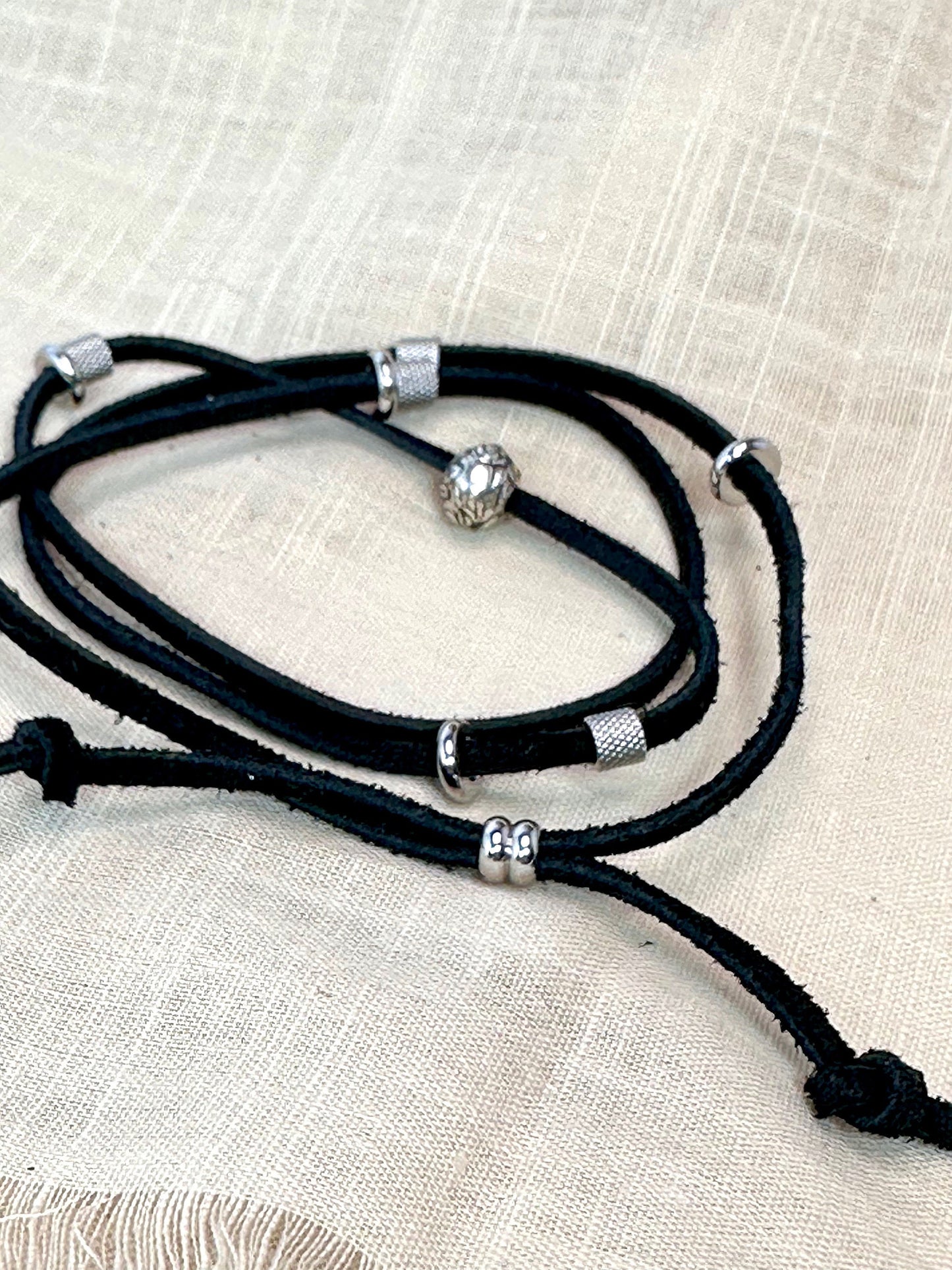 Adjustable Leather and Stainless Steel Triple Wrap Bracelet-24” Necklace-Black Leather with Silver Skull Bead-Multiple Stainless Beads