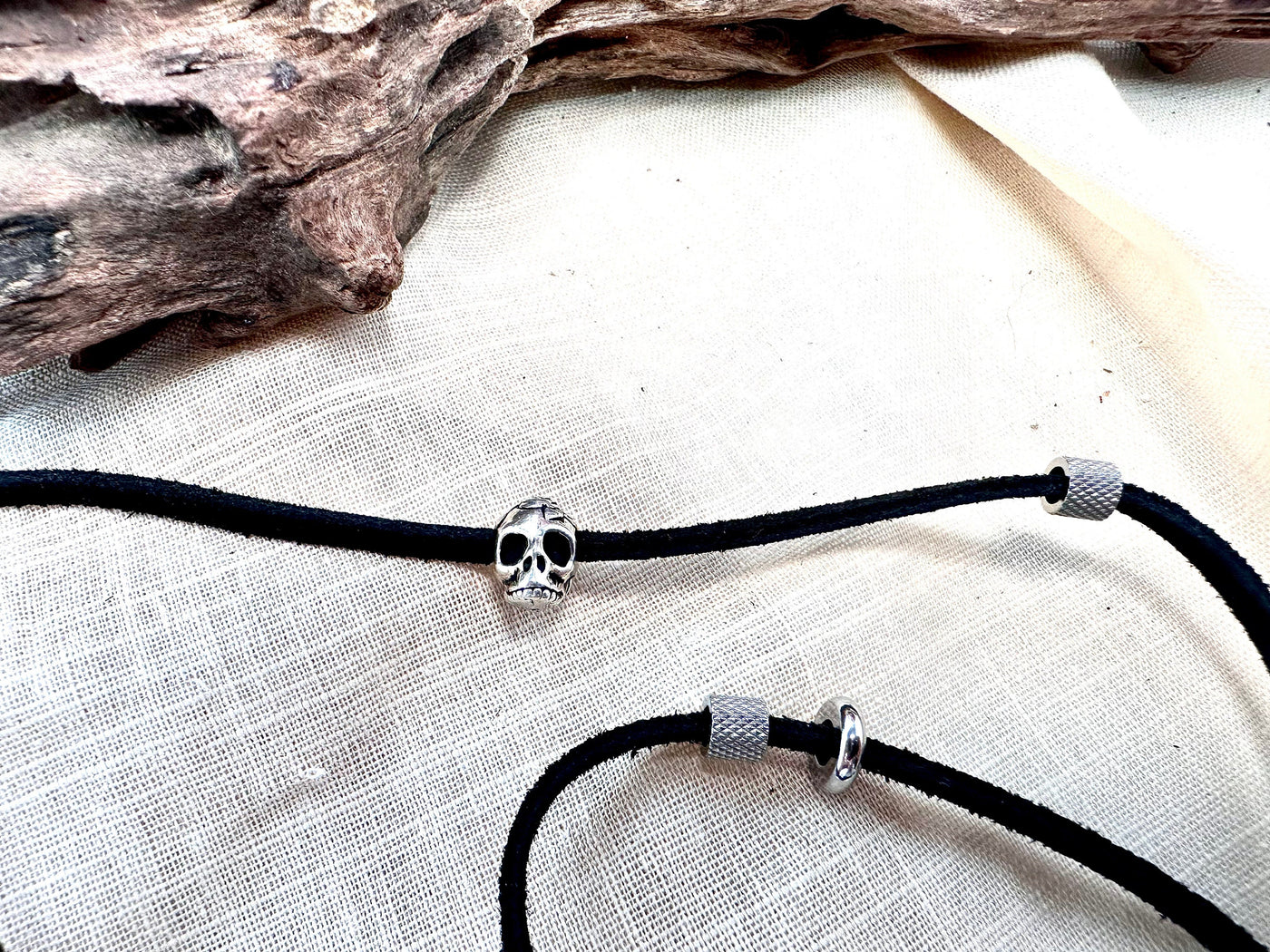 Adjustable Leather and Stainless Steel Triple Wrap Bracelet-24” Necklace-Black Leather with Silver Skull Bead-Multiple Stainless Beads